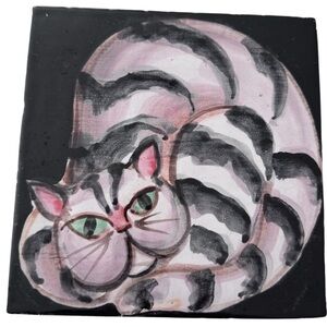Tabby Cat Tile Ann Wheat Pace Art Pottery Hand Painted Signed 7.5” Vintage